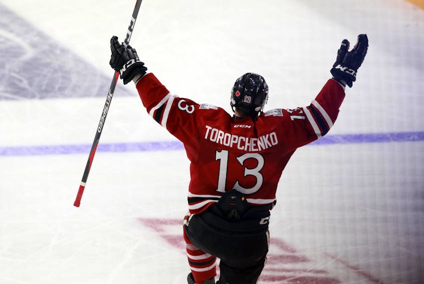 Winger Alexey Torpchenko celebrates one of his three goals during the Guelph Storm's 5-2 win over the Rouyn-Noranda Huskies at the Memorial Cup at the Scotiabank Centre on Saturday.