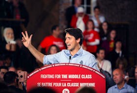 Liberal Leader Justin Trudeau speaks at a rally at the Brewery Market in Halifax Tuesday night. With six days to go in the federal election all parties are pushing for more appearances in public spaces.