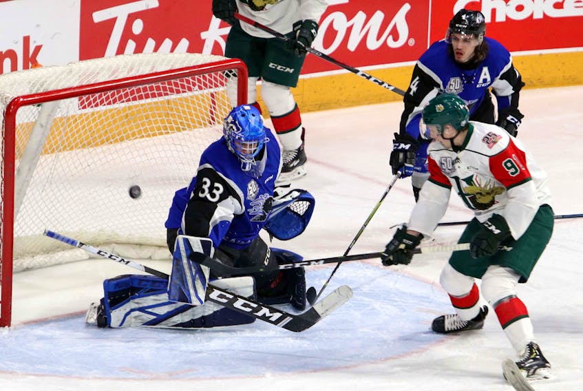 Halifax Mooseheads forward Marcel Barinka opens the scoring as he puts one past Saint John Sea Dogs goaltender Zachary Bouthillier in the first period of Saturday's QMJHL game at the Scotiabank Centre. (ERIC WYNNE/Chronicle Herald)