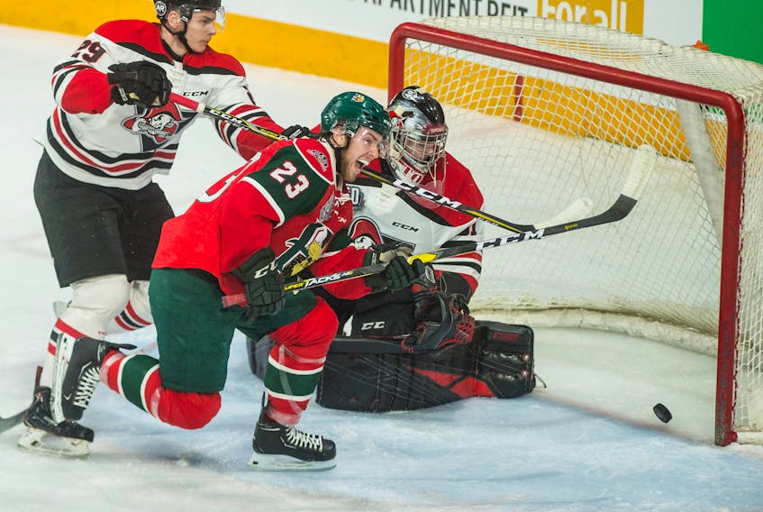 Halifax Mooseheads forward Keith Getson celebrates his first-period goal against the Drummondville Voltigeurs at the Scotiabank Centre on Tuesday.