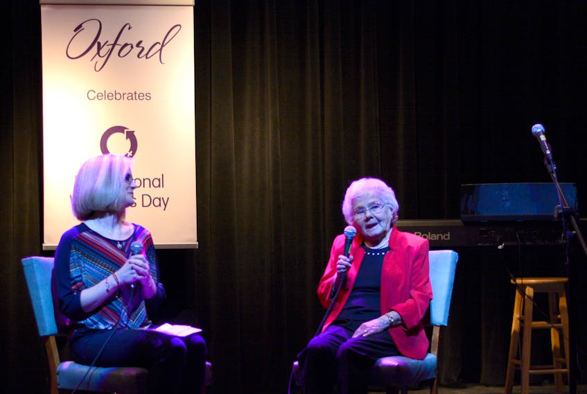 Ninety-three-year-old Estella Rushton of Oxford talked about her life and the importance of family, friends and faith, and not worrying, during a question and answer session with Sara Jewell Saturday afternoon at the Capitol Theatre in Oxford. The event was part of International Women’s Day celebrations.