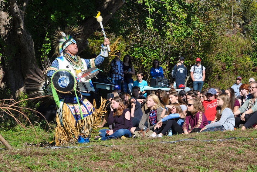 Trevor Gould from the Eastern Eagles Singers of Millbrook dances during a ceremony celebrating Indigenous culture at Ottawa House in Parrsboro. Students from schools in Parrsboro and Advocate participated in the celebration that also featured a beach walk with Gerald Gloade. For more, see story and photos on Page A05.
