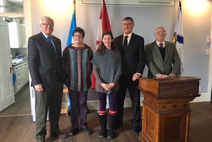 (From left) Bill Casey, MP for Cumberland-Colchester; emcee Louise Haycocks; Jennifer Houghtaling, President of the Pugwash Farmers Market; Deputy Warden Joe van Vulpen and Charlie Gould, chairman of Village of Pugwash Commission help announce $59,000 in government funding for the Pugwash Farmer’s Market.