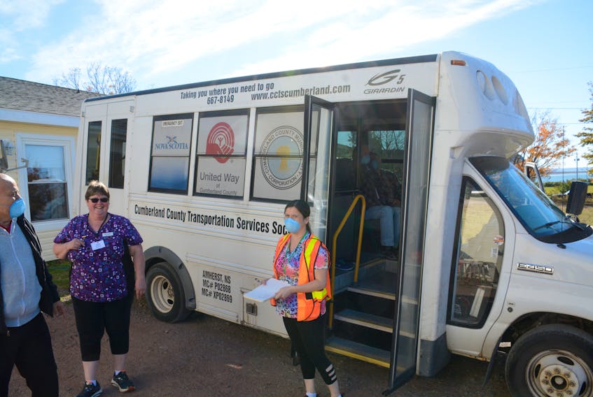 The staff at the Chignecto Manor in Advocate made sure residents had necessary supplies and were dressed appropriately for the weather for their trip to Parrsboro during Saturday’s mock disaster.