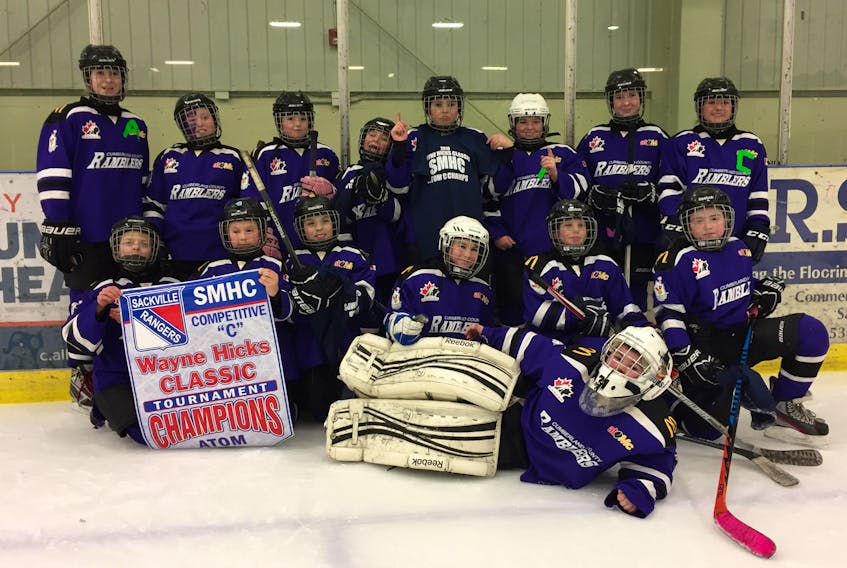 The Cumberland County Atom C Rams won the Wayne Hicks Competitive Atom Division championship in Sackville, N.B. on Sunday. Members of the team include: (front) goalie Chayse Neves, (second rowe, from left) Ethan Totten, Adrien Rioux, Connor MacDougall, Cohen Legere, Liam Welton, Haley Quinn, (back, from left) Allison Predergast, Anthony Benjamin, Addie Fisher, Dawson Fisher, Ben Scott, Jeremie Hache, Claire Prendergast and Raurie Bouwens.
