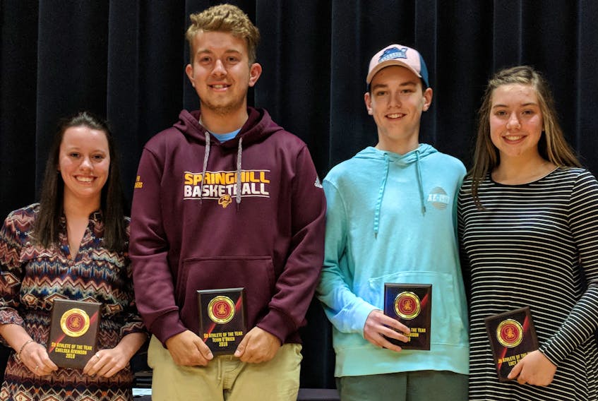 Springhill Junior-Senior High School recently named its top male and junior female athletes for 2017-18. Major award winners include: (from left) Chelsea Atkinson (top senior female), Tevin O’Brien (top senior male), Noah Harrison (top junior male) and Lucy Scott (top junior female).