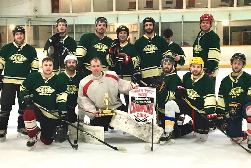 The Fenwick Fury won the 2018 Darren “Pugs” Wood Memorial Tournament Saturday night with a 5-4 win over the Oxford Colts. The Fenwick Fury are: (front, from left) Alex Matthews, Shawn McManaman, Chris Mackey, Ricky MacDonald, Jordan Mackey, Jesse Colborne, (back, from left) Steve Wood, Trevor Waterfield, Rob Davis, Brad Linkletter, Ryan Smith, Luc Brown and Mark Bennett.