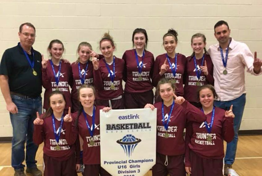 The Pink Thunder claimed the Basketball Nova Scotia Under 16 Girl’s Division 3 title at Sackville Heights Junior High on Sunday with a narrow two-point win over the Pictou County Lightning. Members of the team include: (front, from left) Brooke Gallagher, Abbie McFadden, Lucy Scott, Maddison Baker, (back, from left) coach Jon Tannahill, Avery Smith, Zoe Smith, Jada Sadler, Erica MacAleese, Breanna Gabriel, Emma Mattinson and coach Phil Scott.