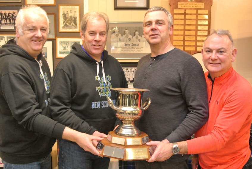 The Alan O’Leary rink won the Nova Scotia senior men’s curling championship on Monday with a 7-5 win over Brent MacDougall of Halifax. Members of the championship squad include: (from left) skip Alan O’Leary, third Stuart MacLean, second Dan Christianson and first Harold McCarthy.