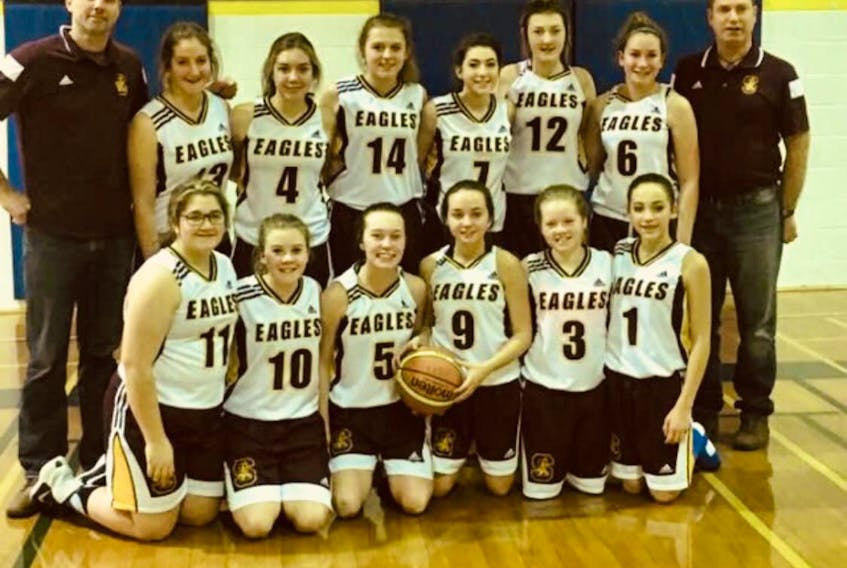 The Springhill High Junior Eagles won the championship at the Hernewood Invitational Junior Girls Basketball Tournament in O’Leary, P.E.I. recently. Members of the team include: (front, from left) Alaina Porter, Avery Smith, Abbie McFadden, Brooke Gallagher, Kendra Sears, Nevaeh Aubichon, (back, from left) assistant coach Phil Scott, Kate MacDonald, Lucy Scott, Brooklyn McBurnie, Selenia Aubichon, Erica MacAleese, Zoe Smith and coach Jon Tannahill. Missing are Maddison Porter and Kayden Beaton.