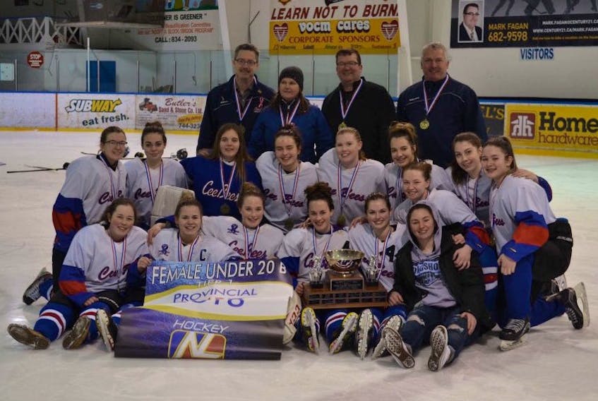The Conception Bay North CeeBees female under-20 team was victorious in the final of the provincial B tournament, winning 3-1 Sunday against Labrador West in Conception Bay South. Back row (l-r): coaches Doug Taylor, Lori Reynolds, Cory Kelly and Bill Pike. Middle row: Rhiannon Kelly, Hope Finlayson, Abby McCue, Abby Reynolds, Ally Cleary, Hillary Reardon, Camryn Taylor, Morgan Reynolds and Mackenzie King. Front row: Jennifer Pike, Shelby Batten, Kelsey Shute, Kristen Shute and Samantha Pike.
