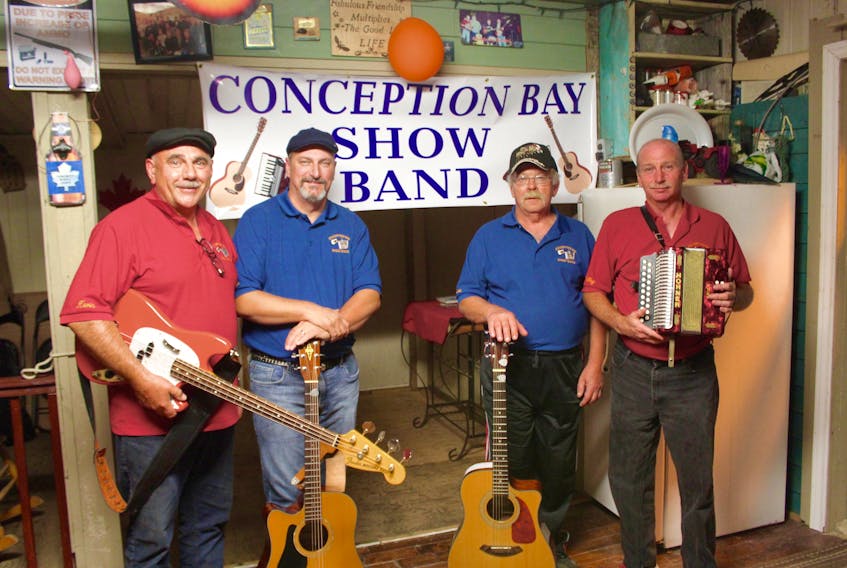 The Conception Bay Showband in the same shed where they can often be found during their Facebook Live performances. From left to right are Kevin Greenland, Tony Vokey, Lewis Parsons and Hedley Bradbury.