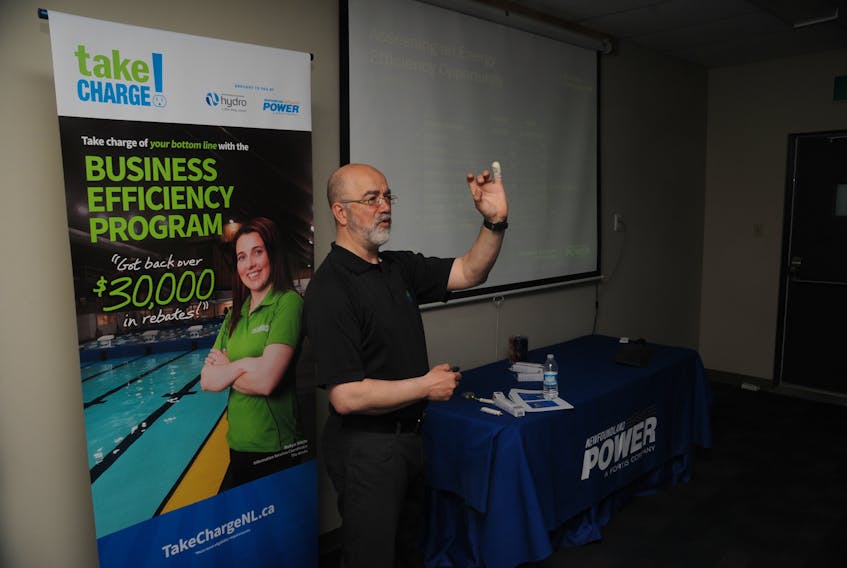 Peter Upshall, an energy management engineer with Newfoundland Power, spoke to an audience of municipal leaders and business owners at the company’s Carbonear office Wednesday, May 30.
