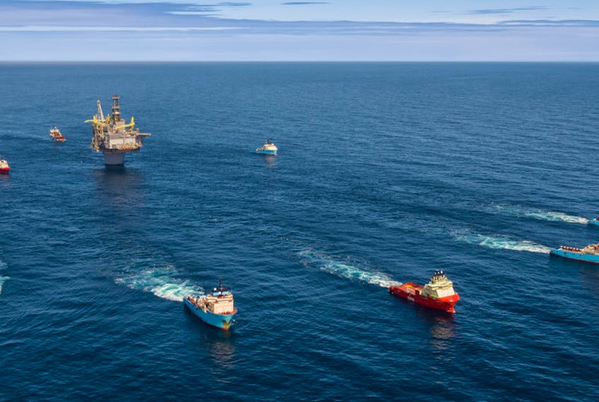 The Hebron platform being towed out to sea in 2017. — Petroleum Research Newfoundland & Labrador