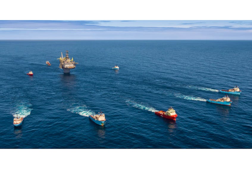 The Hebron platform being towed out to sea in 2017. — Petroleum Research Newfoundland and Labrador