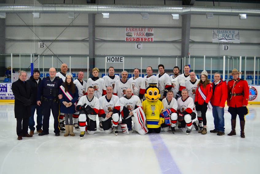 RCMP officers from Harbour Grace, Bay Roberts and Holyrood Detachments who participated in the second annual Auxiliary Cup hockey game in Harbour Grace Dec. 15.