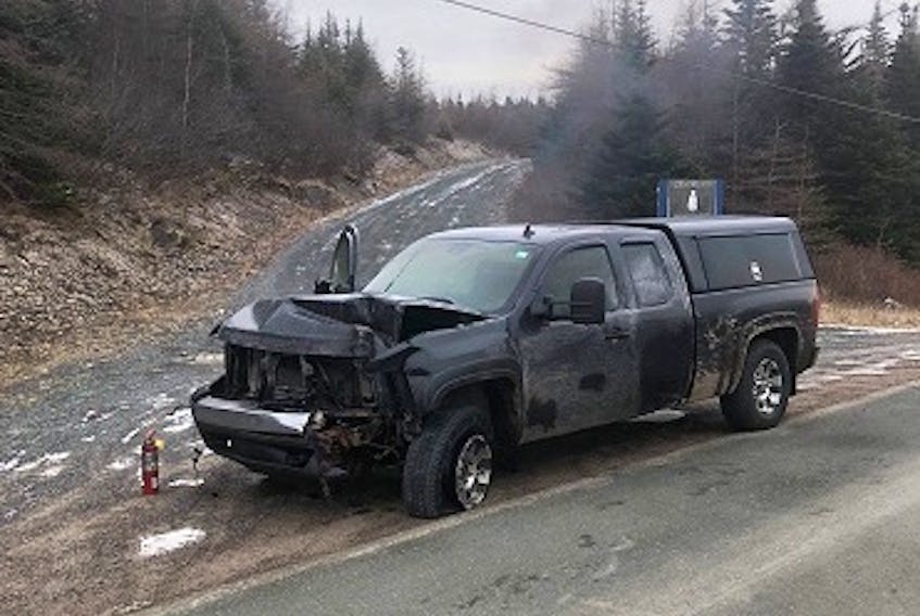 Police say this vehicle was stolen and abandoned near Makinsons this morning, Thursday, Dec. 6. When they found it, there was a small fire burning inside the cab.