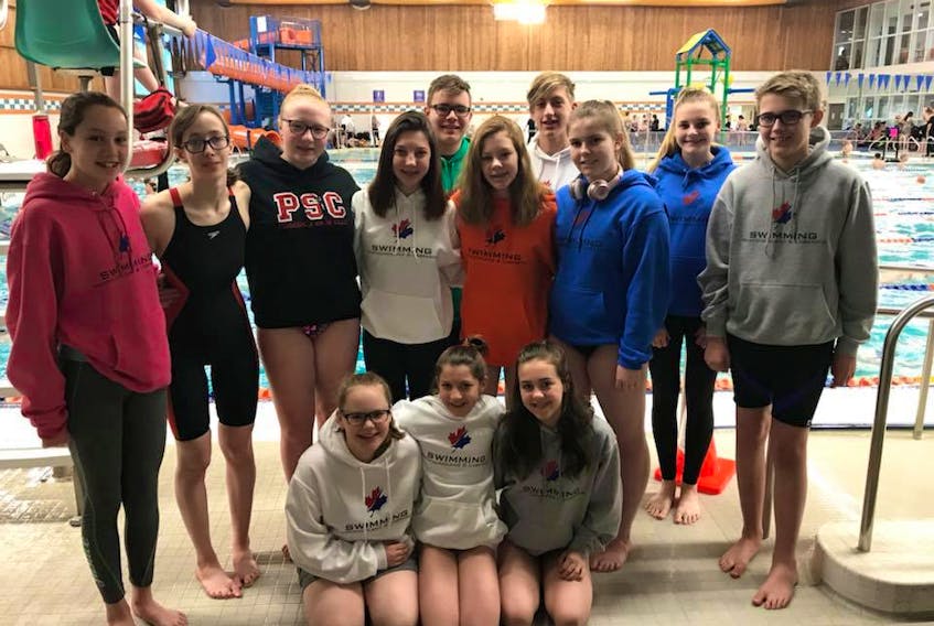 Poseidon swimmers who competed at the 2018 Summer Classic in Mount Pearl and St. John’s. Pictured are front (l-r): Julia Verge, Kendra Slade, Taylor Noseworthy; back (l-r) Sarah Burt, Erin Baker, Ciara O’Keefe, Rylee Moores, Evan Badcock, Mackenzie Sutton, Riley Barteau, Jorja Bennett, Abby Trask and Daniel Drake. Missing from photo are Jayden Pike and Allison Somers.