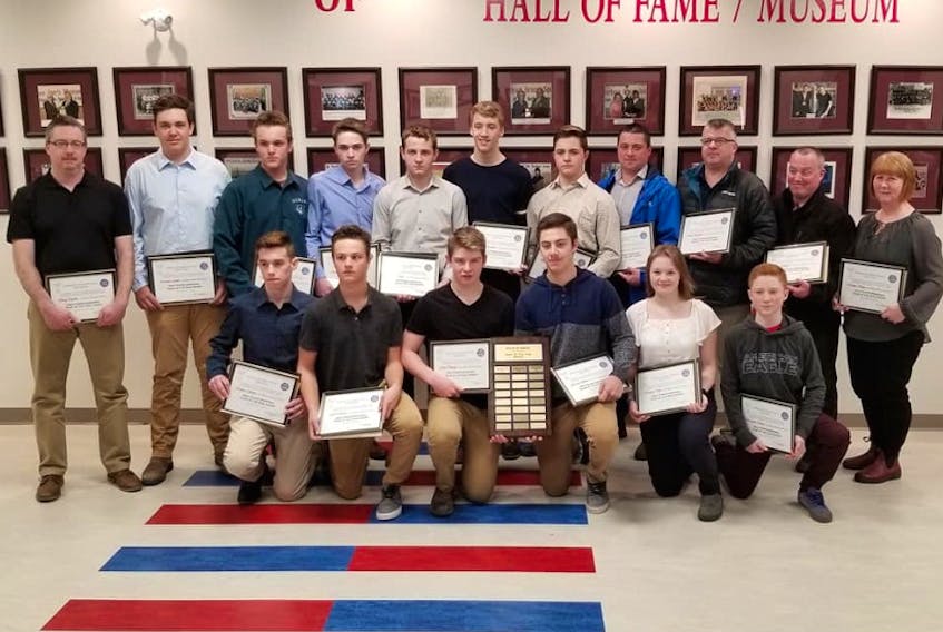 The Dick Power Memorial Award for team of the year was awarded to the CeeBees Minor Hockey Association Bantam Rep 1 squad. Back row, from left, Doug Taylor, Nick Antle, Dylan Broomfield, Riley Shute, Andrew Taylor, Hunter Saunders, Dylan Whelan, Neil Shute, Nick Saunders, Dean Whelan and Carolyn Ryan. Front row, Keenan Grimes, Jacob Clarke, Reid Deering, Garrett White, Katilyn Pike and Ben Ryan. Missing were Denver Neil, Connor Short, Liam Underhay and Paul Underhay.