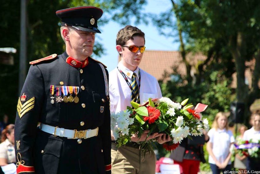 Staff Sgt. David Mercer, left, and Lead Sgt. David Lee of Harbour Grace lay a wreath on behalf of the Church Lads’ Brigade at the 2018 Memorial Day ceremony in Beaumont-Hamel, France.