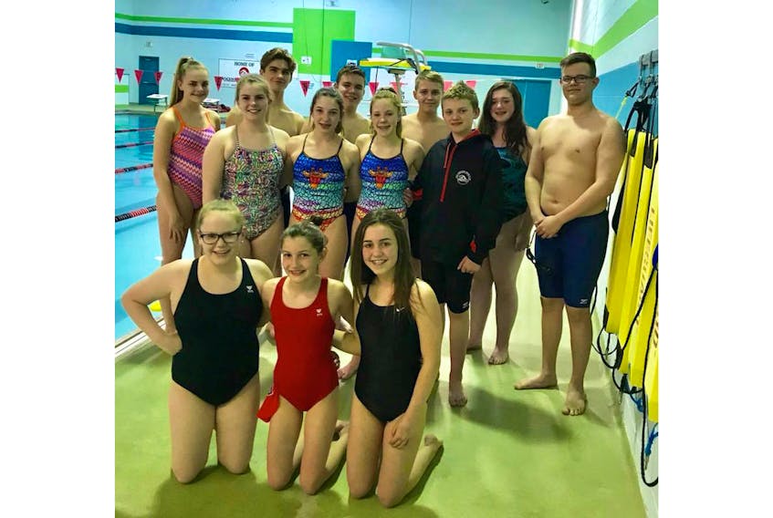 Poseidon swimmers who competed at the Spring Splash meet in St. John’s. Front row (l-r): Julia Verge, Kendra Slade and Taylor Noseworthy. Middle row: Jorja Bennett, Rylee Moores, Mackenzie Sutton and Jayden Pike. Back row: Abby Trask, Andrew Littlejohn, Evan Badcock, Daniel Drake, Megan Smith and Broc Penney.