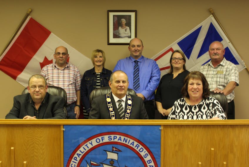 Pictured are, front, from left, Spaniard’s Bay town manager Tony Ryan, Mayor Paul Brazil, Deputy Mayor Darlene Stamp; back, Coun. Paul Ryan, Coun. Sherry Lundrigan, Coun. David Smith, Coun. Tracy Smith and Coun. Eric Jewer.