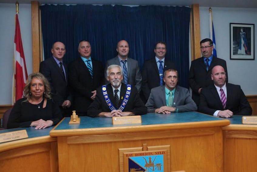 The new Bay Roberts council was sworn in Tuesday evening at the town hall. Back row (l-r): Coun. Geoff Seymour, Coun. Silas Badcock, Coun. Wade Oates, Coun. Dean Franey and Coun. Frank Deering. Front row (l-r): town clerk Christine Bradbury, Mayor Philip Wood, Deputy Mayor Walter Yetman and chief administrative officer Nigel Black.