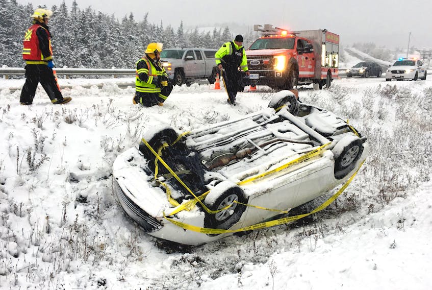 This vehicle rolled over near the Avondale access on the Trans-Canada Highway Saturday afternoon, Nov. 10.