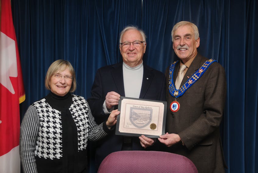 Pictured, from the left, are Town of Bay Roberts Heritage Advisory Committee chairwoman Marilyn Dawe, retiring committee member Eric Jerrett and Mayor Philip Wood.