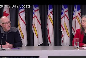 Health Minister John Haggie and Chief Medical Officer Dr. Janice Fitzgerald announced Tuesday there are now three presumptive cases of COVID-19 in Newfoundland and Labrador. Image taken from provincial government live feed of news conference.