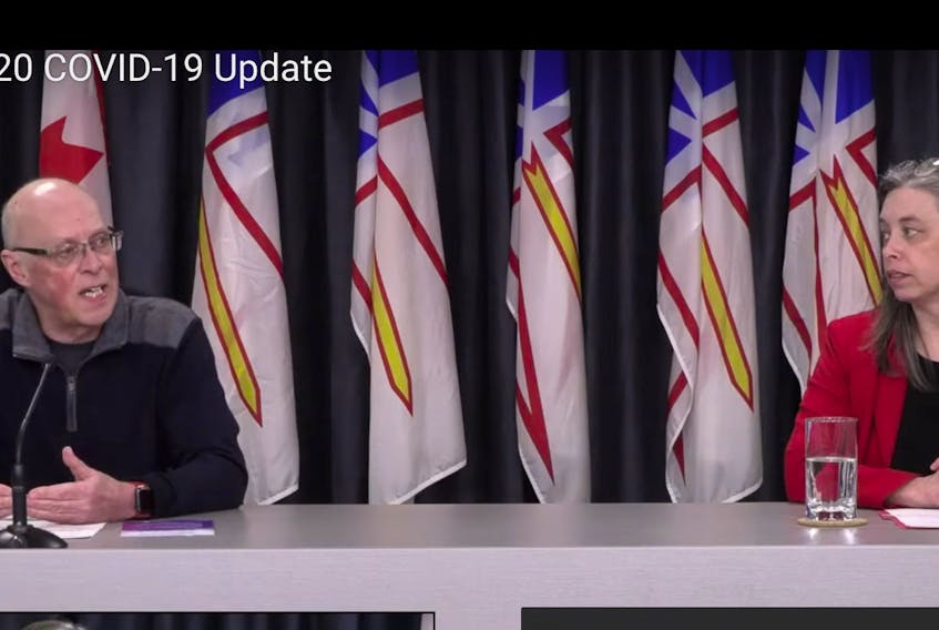 Health Minister John Haggie and Chief Medical Officer Dr. Janice Fitzgerald announced Tuesday there are now three presumptive cases of COVID-19 in Newfoundland and Labrador. Image taken from provincial government live feed of news conference.