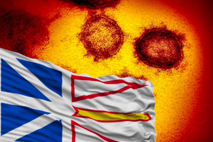 N.L. flag with the COVID-19 virus as a backdrop.