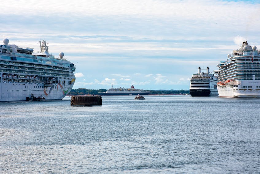 There were four large cruise ships parked in the Charlottetown harbour Tuesday. The Norwegian Dawn, left, MS Blackwatch, centre, Rotterdam and Royal Princess at right.