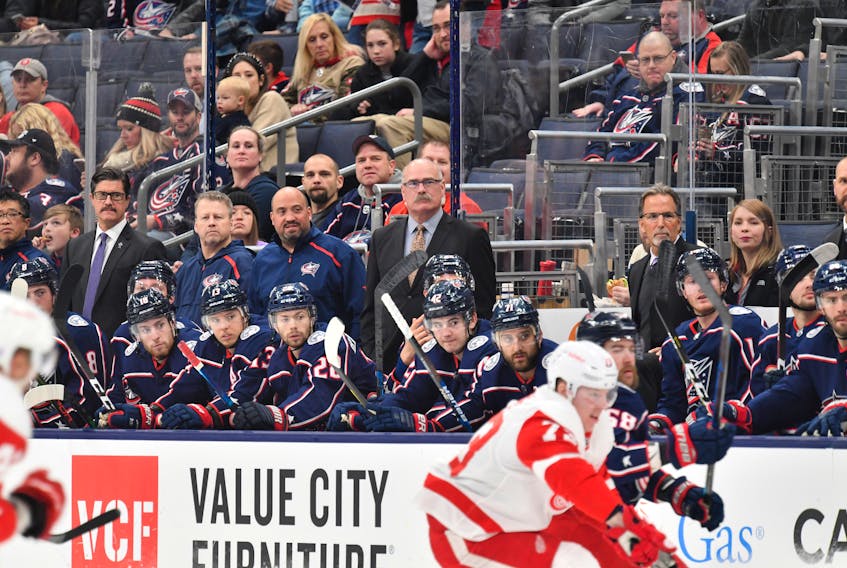 Paul MacLean of Antigonish on the bench for his first game as an assistant coach with the Columbus Blue Jackets’ organization. Jamie Sabau (Blue Jackets)