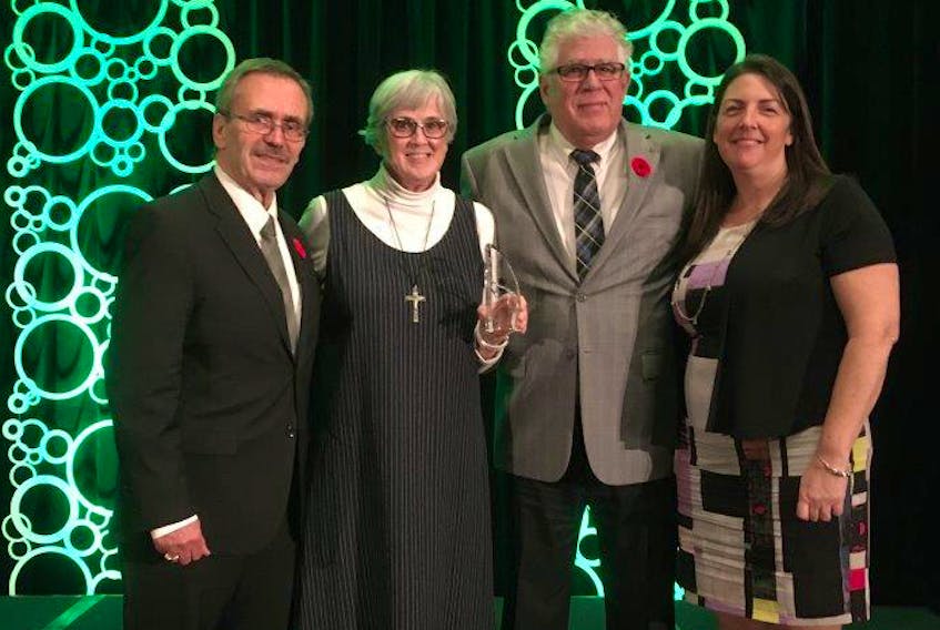 Sister Jovita MacPherson and director of finance Dan Fougere, left, of the Congregation of the Sisters of St. Martha accepted the Institution of the Year honour during the 2019 Divert NS Mobius Awards of Environmental Excellence. Town of Antigonish Councillor Jack ‘Sam’ MacPherson and Nicole Haverkort, Eastern Region Solid Waste Management regional waste co-ordinator/educator, nominated the congregation for the provincial award. CONTRIBUTED