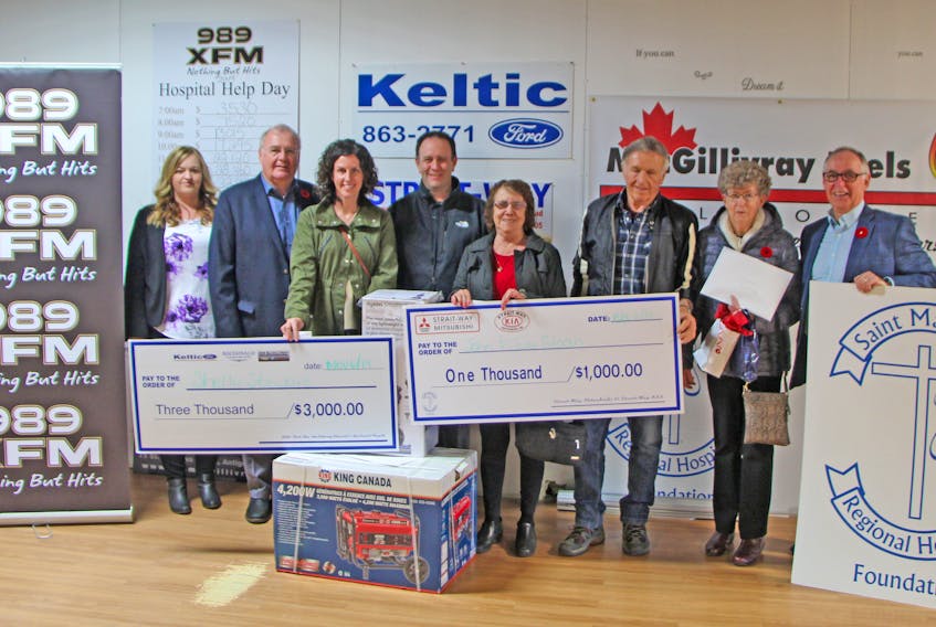 Raffle winners from the 26th annual Hospital Help Day, a presentation of 989 XFM and the St. Martha’s Regional Hospital Foundation (SMRHF) in support of St. Martha’s Regional Hospital, received their prizes Nov. 6 at Antigonish Market Square. The presenters and recipients included Sadie Benoit (left, SMRHF fund development associate), Ken Farrell (989 XFM general manager), Shelley Stewart ($3,000), David MacDonald (winter package), Julie and John Sloan ($1,000), Sisca Bekkers (shop local spree) and Wayne Ezekiel (SMRHF chair). Alanna Briand, who won the trip-for-two to Ireland, was unavailable for the photo. This year, the Oct. 30 radio-thon fundraiser garnered more than $71,000. Corey LeBlanc