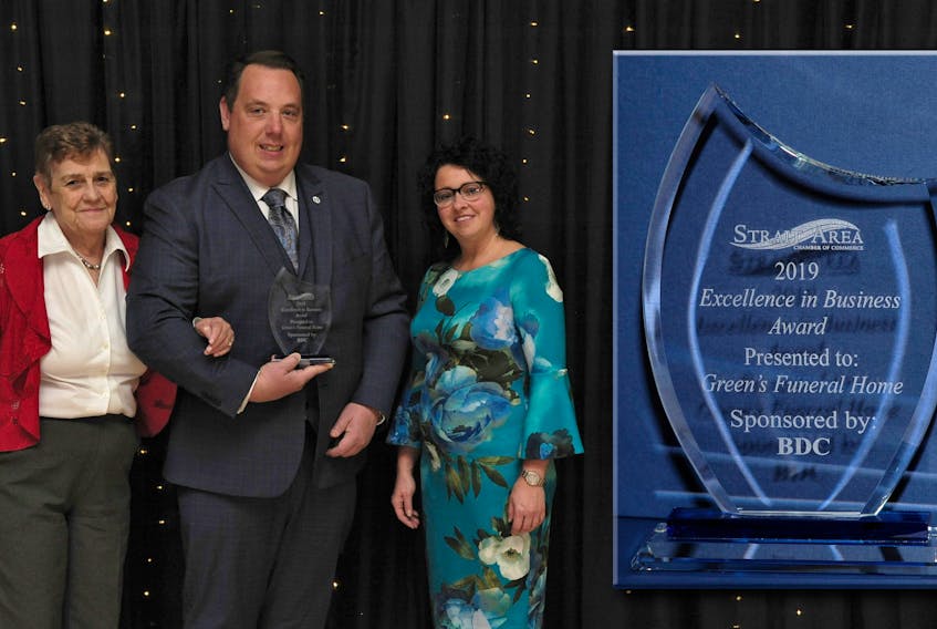 John Green and Catherine Cogswell accepted the Excellence in Business Award, on behalf of J.F. Green’s Funeral Services Limited in Port Hawkesbury, from Strait Area Chamber of Commerce president Diana Martell (right) during the not-for-profit business development organization’s fall awards dinner Nov. 20. Green passed away suddenly less than one week later. He was only 41. CONTRIBUTED