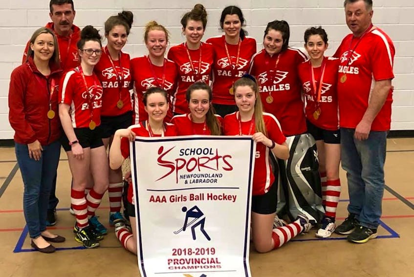 Glovertown Academy’s female teams have had tremendous success over the last year, winning provincial titles in ball hockey, cross-country running and softball. Pictured is Glovertown’s ball hockey team, who won the AAA banner in April.