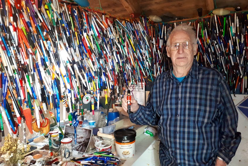 What started as a way of keeping track of visitors to his fishing stage/unofficial museum in Durrell has led to collection of several thousand pens for Melvin Horwood. ADAM RANDELL/THE CENTRAL VOICE