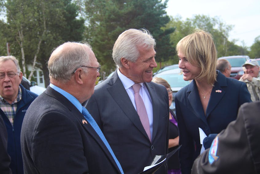 Pictured, from left, Derm Flynn, mayor of Appleton during 9-11, speaks with Newfoundland and Labrador Premier Dwight Ball, and U.S. Ambassador to Canada Kelly Craft prior to the start of the Appleton’s 17th annual 9-11 memorial service.