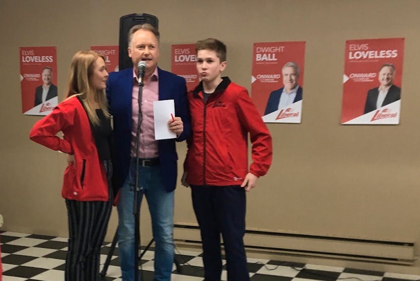 Fortune Bay – Cape la Hune elect Elvis Loveless gives a victory speech with his children, Kaitlyn and Ryan, at his side.