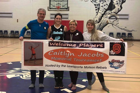 The Jacobs family and tournament organizer Brooke Kinden feel that a volleyball tournament is the perfect way to celebrate Caitlyn’s life. Pictured, from left, father Gary Jacobs, Kinden, mother Suzanne Jacobs and sister Chelsea (Jacobs) White.