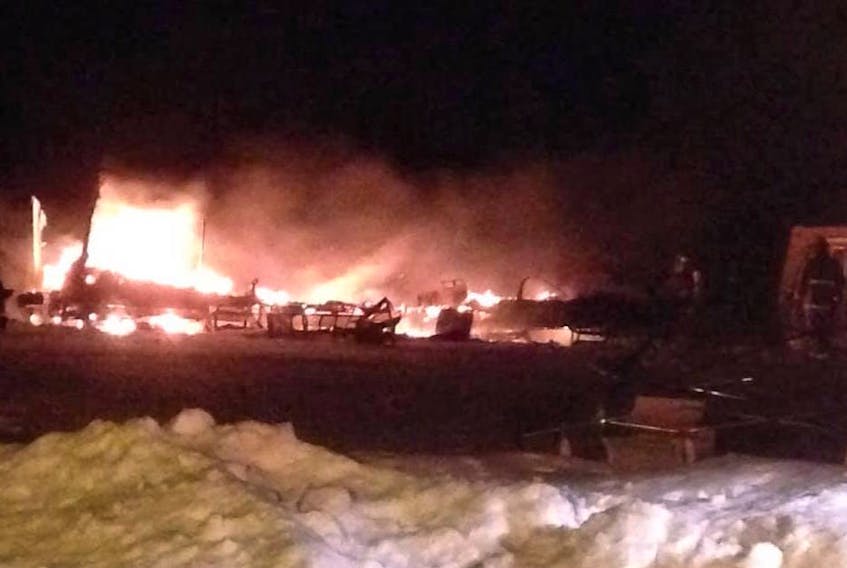 This was the scene at Garl’s Farm outside Badger on Friday evening, March 15, as a camper on the property went up in flames. Fortunately, none of the animals on the property were injured. - Garl's Farm/Facebook
