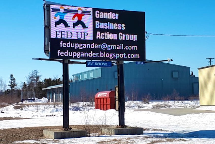The Fed Up Gander Business Action Group is promoting its cause on an electronic billboard on Cooper Boulevard.