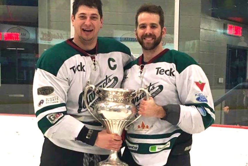 Grand Falls-Windsor Cataracts player Andre Gill is hopeful there will be another Central West Senior Hockey League season come fall. Gill, right, is pictured with Michael Brent after winning the 2017 Allan Cup in Bouctouche, NB.
