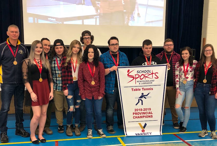 Dorset Collegiate students, in Pilley’s Island, swept this year’s table tennis provincial tournament. It’s the fifth straight year the team has won the provincial banner. From left, coach/teacher-sponsor Mark Warren, Makenna Taylor, Ty Winsor, Noah Henstridge, Sarah Warren, Devin Roberts, Haley Elliott, Riley Vincent, Jeremy Heath, assistant coach/manager Brandon Roberts, Karlee Warren and Laura Callahan.