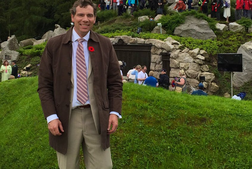 Lawrence Ducey at the Beaumont-Hamel 100th Anniversary Memorial Ceremony on July 1, 2016, with some members of the 1916 Beaumont Hamel Royal Canadian Army Cadet Corps in the background near the famous Caribou Monument.
