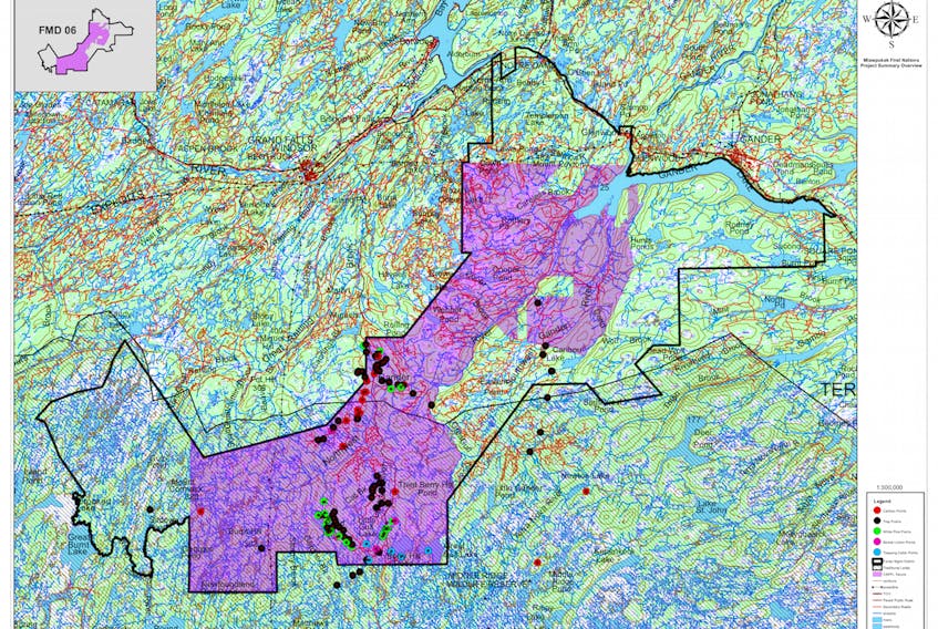 The shaded portion of the map represents the section of land the Miawpukek Mi'kamawey Mawi'omi are looking to obtain through the land transfer agreement it is seeking with the province of Newfoundland and Labrador.