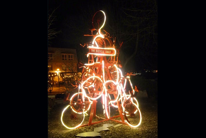 An art installation procured by The Bicycle Thief restaurant in Halifax makes use of bikes and bike parts to create festive art. - Valerie Dubois