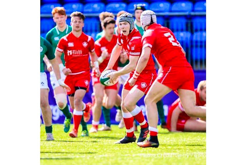 Campbell Clarke, with the ball, is one of the youngest players named to Canada’s Junior World Rugby Trophy championship team. Clarke, from St. John’s, is just 17.